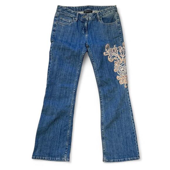 Y2k mcbling mall core embroidered "Rock n' Rose" low rise blue jeans wmns 4P 29" - Picture 2 of 8